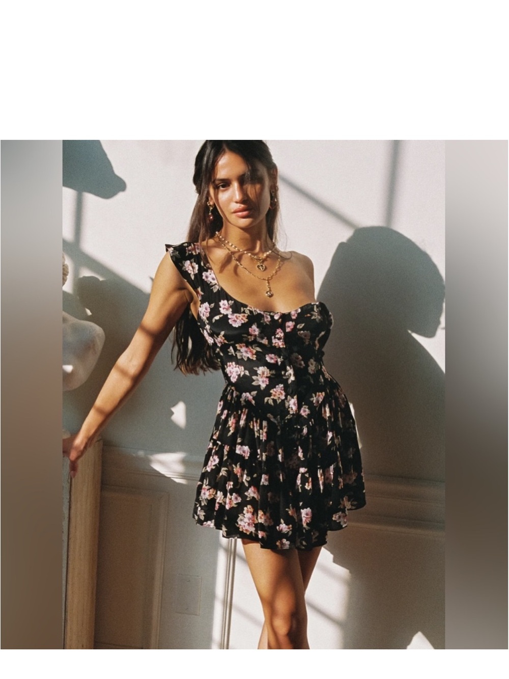Vanessa Mooney Black Mini Dress with Pink Floral Print